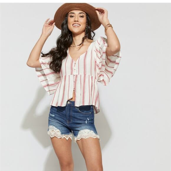 Francesca's Blue Rain Claire Striped Blouse small - Picture 2 of 11